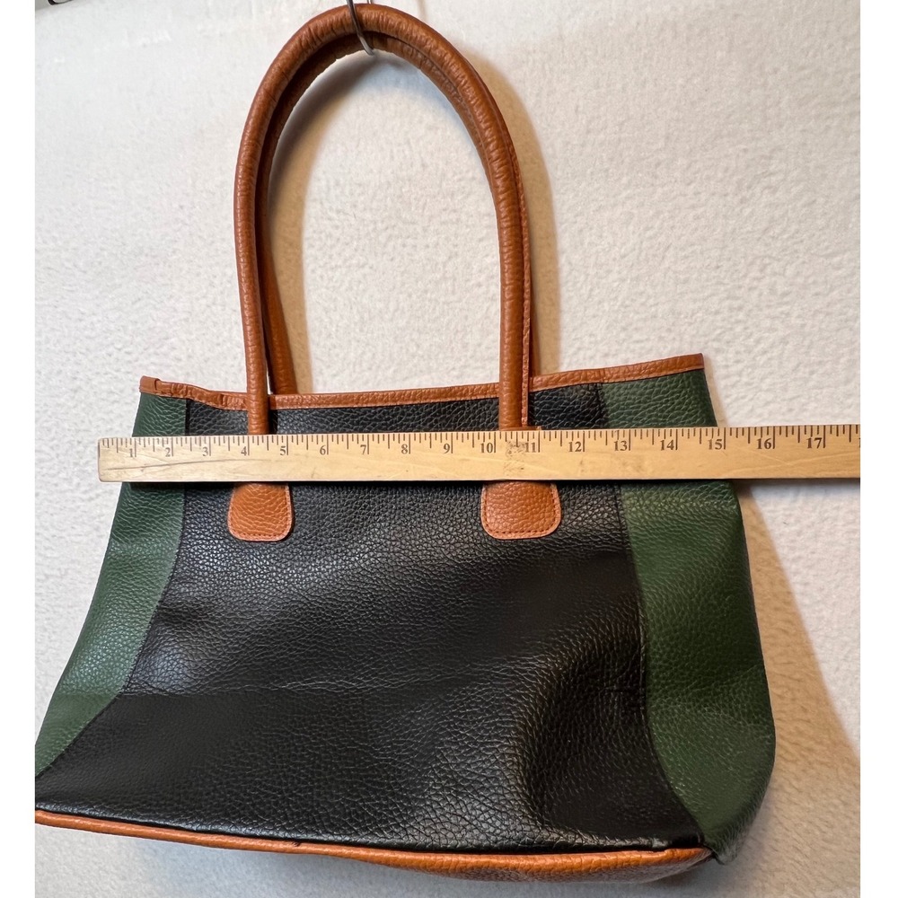 Neiman Marcus‎ Colorblock Tote Bag Brown Black Green Faux Leather Top Handle - Picture 5 of 9